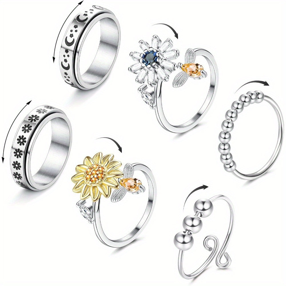 6pcs Fidget Rings for Spinner Ring for Women Mens Moon Star Anti Ring for Adjustable Flower Bead Stackable Rings