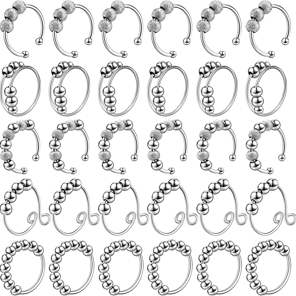 30pcs Anxiety Fidget Ring For Women Stainless Steel Adjustable Fidget Spinner Ring With Beads For Men Adults Stress Relief (Silvery)