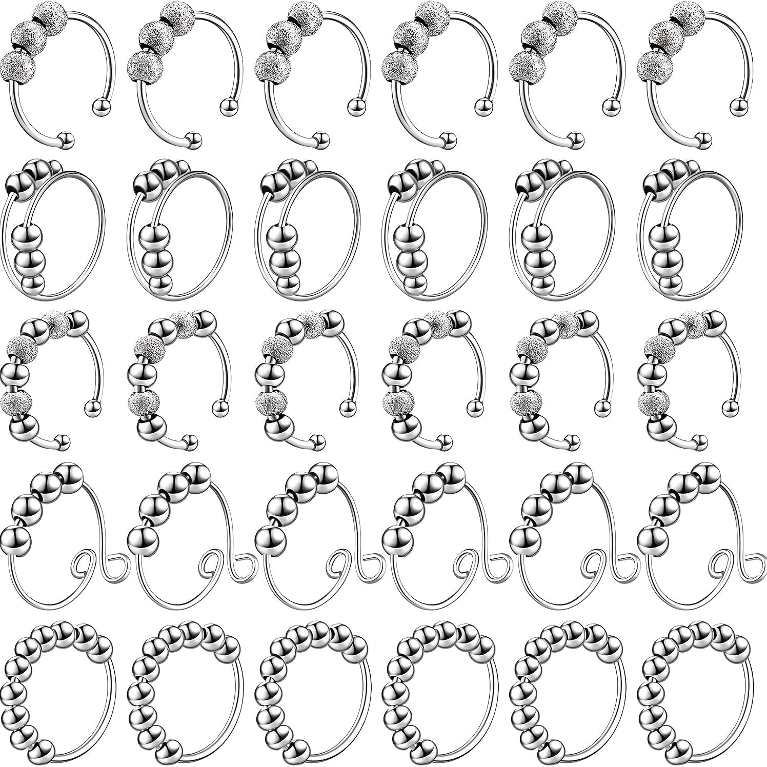 30pcs Anxiety Fidget Ring For Women Stainless Steel Adjustable Fidget Spinner Ring With Beads For Men Adults Stress Relief (Silvery)