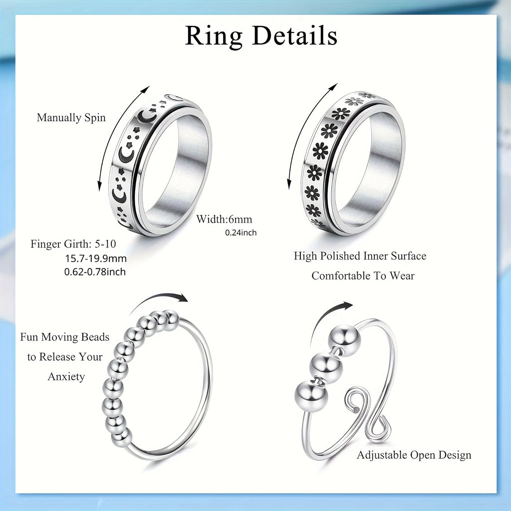 6pcs Fidget Rings for Spinner Ring for Women Mens Moon Star Anti Ring for Adjustable Flower Bead Stackable Rings
