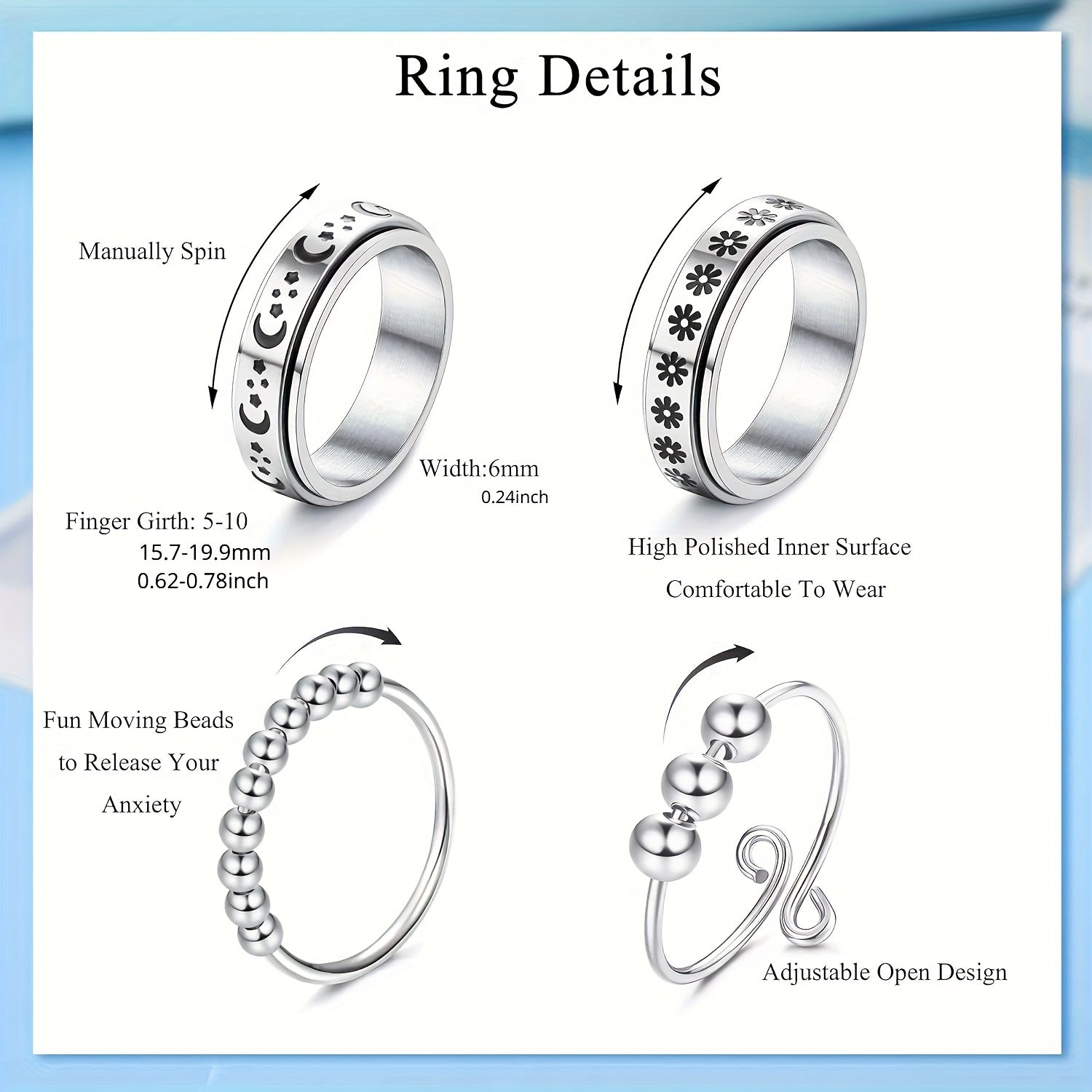 6pcs Fidget Rings for Spinner Ring for Women Mens Moon Star Anti Ring for Adjustable Flower Bead Stackable Rings