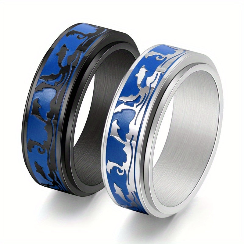 1pc Men's Titanium Steel Rotating Ring - Ocean Dolphin Design, Hypoallergenic Anxiety Relief Jewelry with Synthetic Synthetic Zirconia, Casual Sports Style for Casual Attire