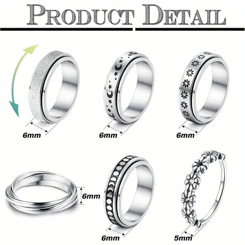 Stainless Steel Fidget Anxiety Ring for Women Men Fidget Spinner Rings Moon Star Celtic Stress Relieving Spinning Ring Wedding Band Rings Set46pcs, Metal Fidget Spinner, Calming Jewelry, Focus Aid Tool, Minimalist Jewelry, Symbolic Ring, Smooth Spinning