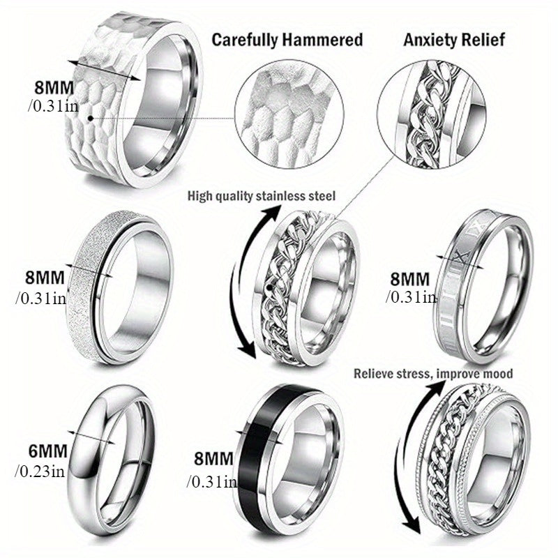 16pcs Rotatable Stainless Steel Ring Set - Fashionable And Simple, Suitable for Men And Women, Daily Matching And Festivals