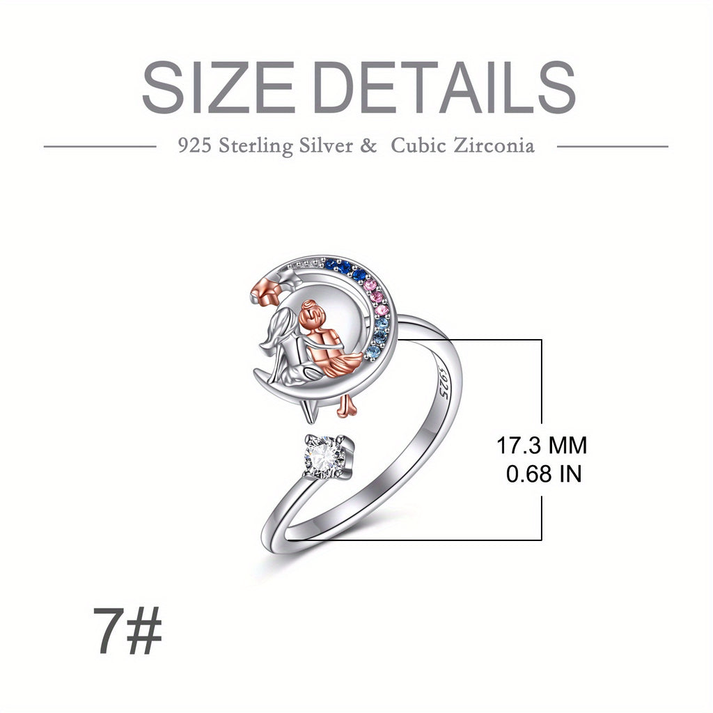 Moon Sisters Anxiety Fidget Ring 925 Sterling Silvery Open Ring Decompress Jewelry Gift for Women (Moon Sisters)