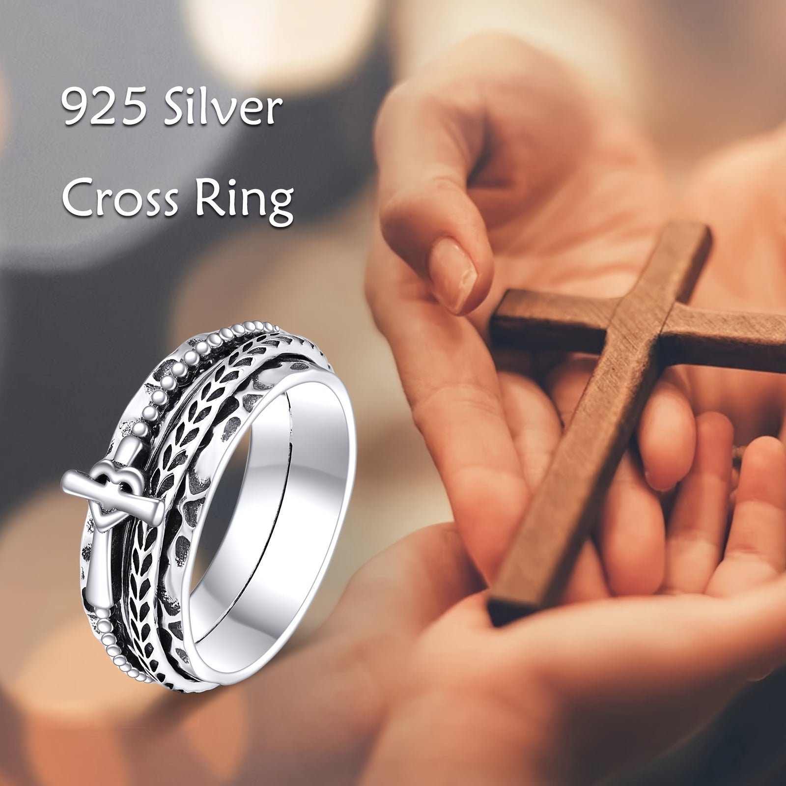 Fidget Rings for Women Men Sterling Silver Cross Rings Anxiety Ring Fidget Spinner Ring Gifts