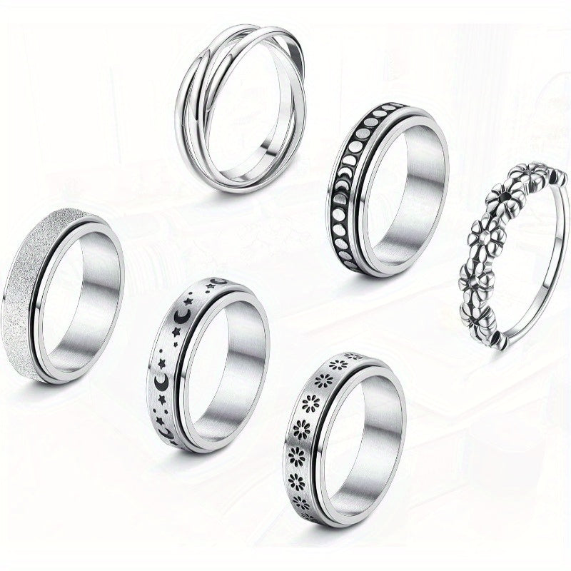 Stainless Steel Fidget Anxiety Ring for Women Men Fidget Spinner Rings Moon Star Celtic Stress Relieving Spinning Ring Wedding Band Rings Set46pcs, Metal Fidget Spinner, Calming Jewelry, Focus Aid Tool, Minimalist Jewelry, Symbolic Ring, Smooth Spinning
