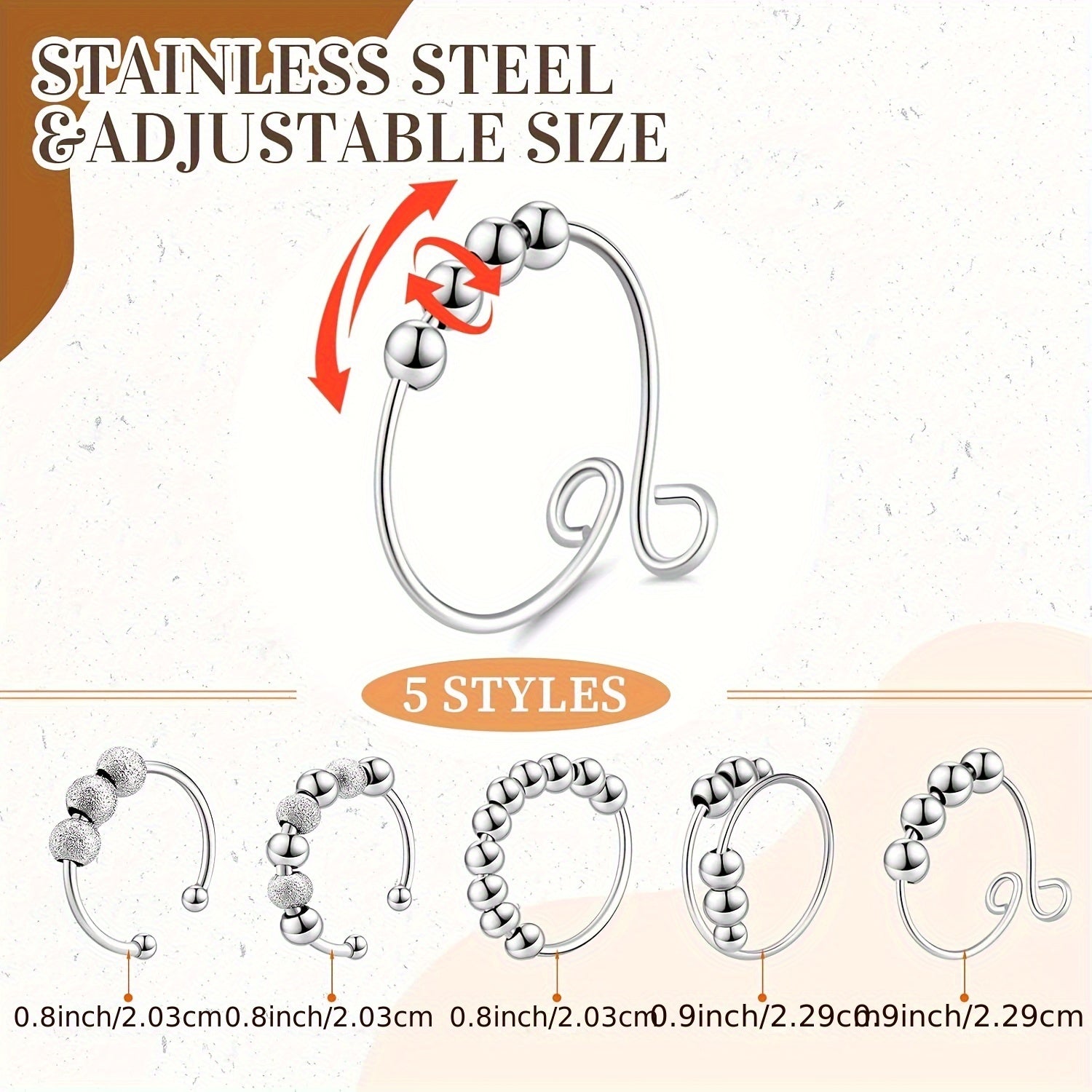 30pcs Anxiety Fidget Ring For Women Stainless Steel Adjustable Fidget Spinner Ring With Beads For Men Adults Stress Relief (Silvery)