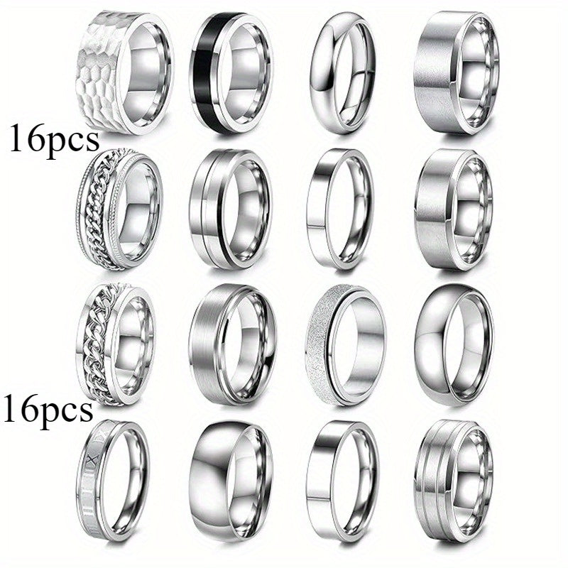 16pcs Rotatable Stainless Steel Ring Set - Fashionable And Simple, Suitable for Men And Women, Daily Matching And Festivals