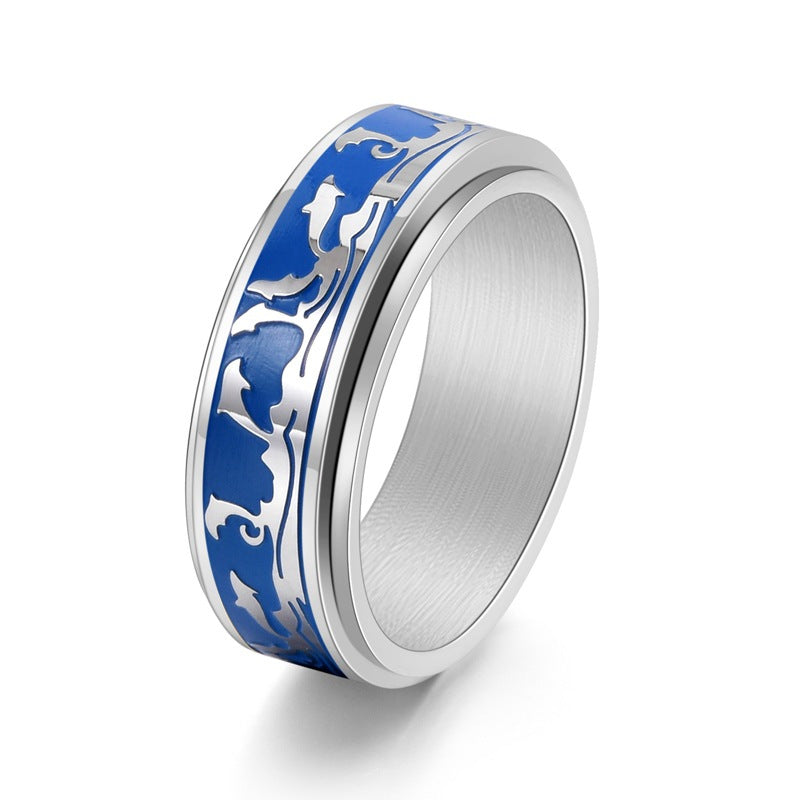 1pc Men's Titanium Steel Rotating Ring - Ocean Dolphin Design, Hypoallergenic Anxiety Relief Jewelry with Synthetic Synthetic Zirconia, Casual Sports Style for Casual Attire