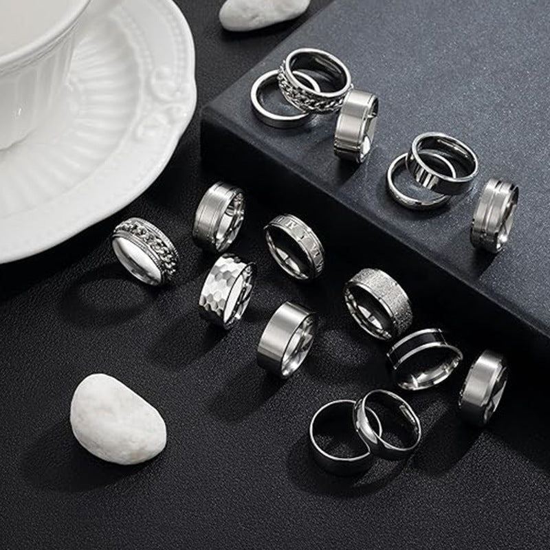 16pcs Rotatable Stainless Steel Ring Set - Fashionable And Simple, Suitable for Men And Women, Daily Matching And Festivals