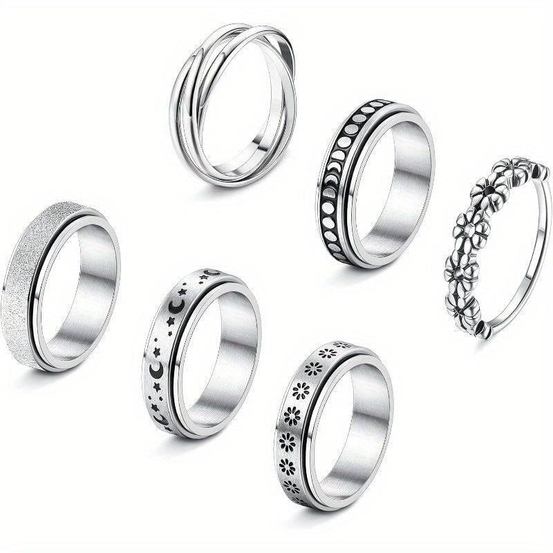 Stainless Steel Fidget Anxiety Ring for Women Men Fidget Spinner Rings Moon Star Celtic Stress Relieving Spinning Ring Wedding Band Rings Set46pcs, Metal Fidget Spinner, Calming Jewelry, Focus Aid Tool, Minimalist Jewelry, Symbolic Ring, Smooth Spinning
