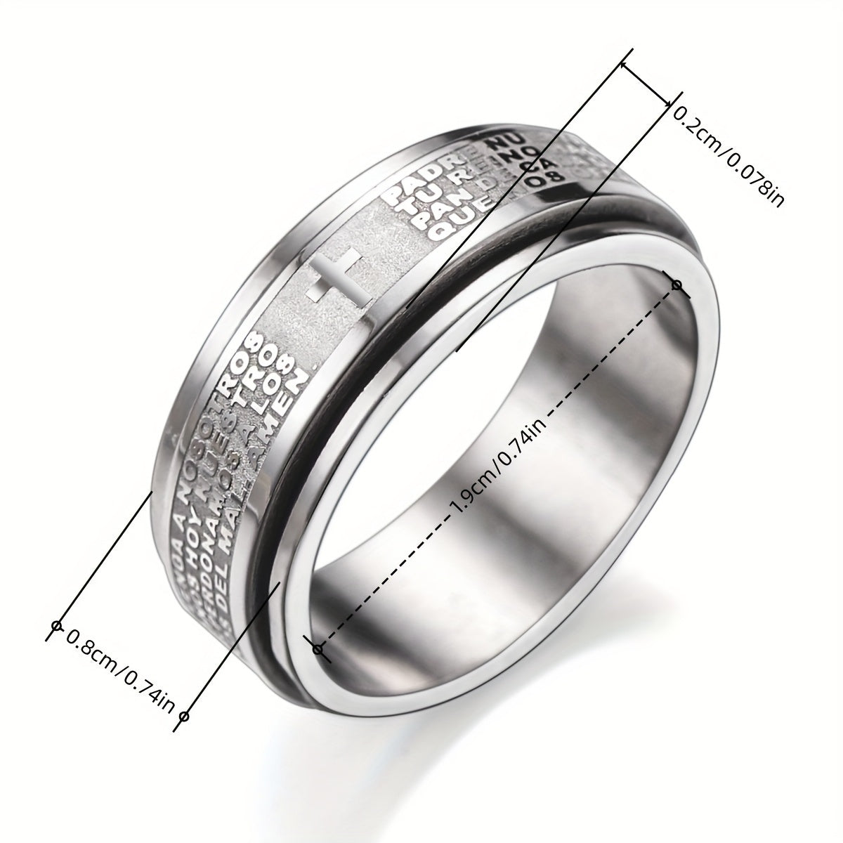 Wholesale Lots 30pcs Stainless Steel Relieving Anxiety Spinner Ring For Men And Women 8mm Spanish Bible Verse Christian Lord's Prayer Cross Ring, Cross Ring, Letter Cross Ring, Religious Jewelry Gift