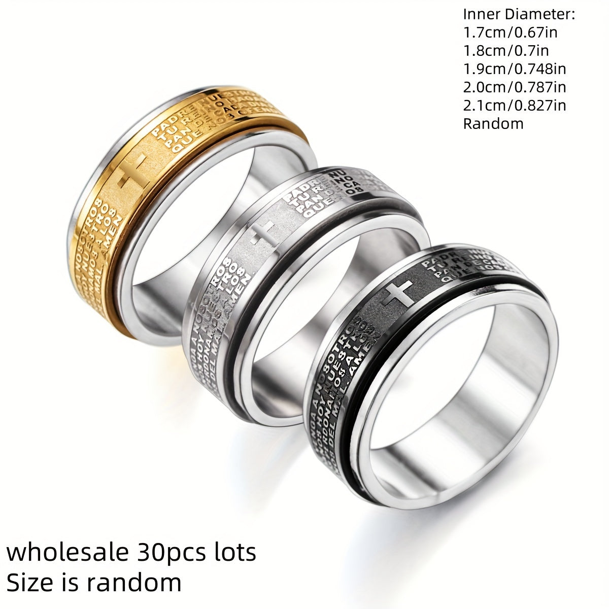 Wholesale Lots 30pcs Stainless Steel Relieving Anxiety Spinner Ring For Men And Women 8mm Spanish Bible Verse Christian Lord's Prayer Cross Ring, Cross Ring, Letter Cross Ring, Religious Jewelry Gift
