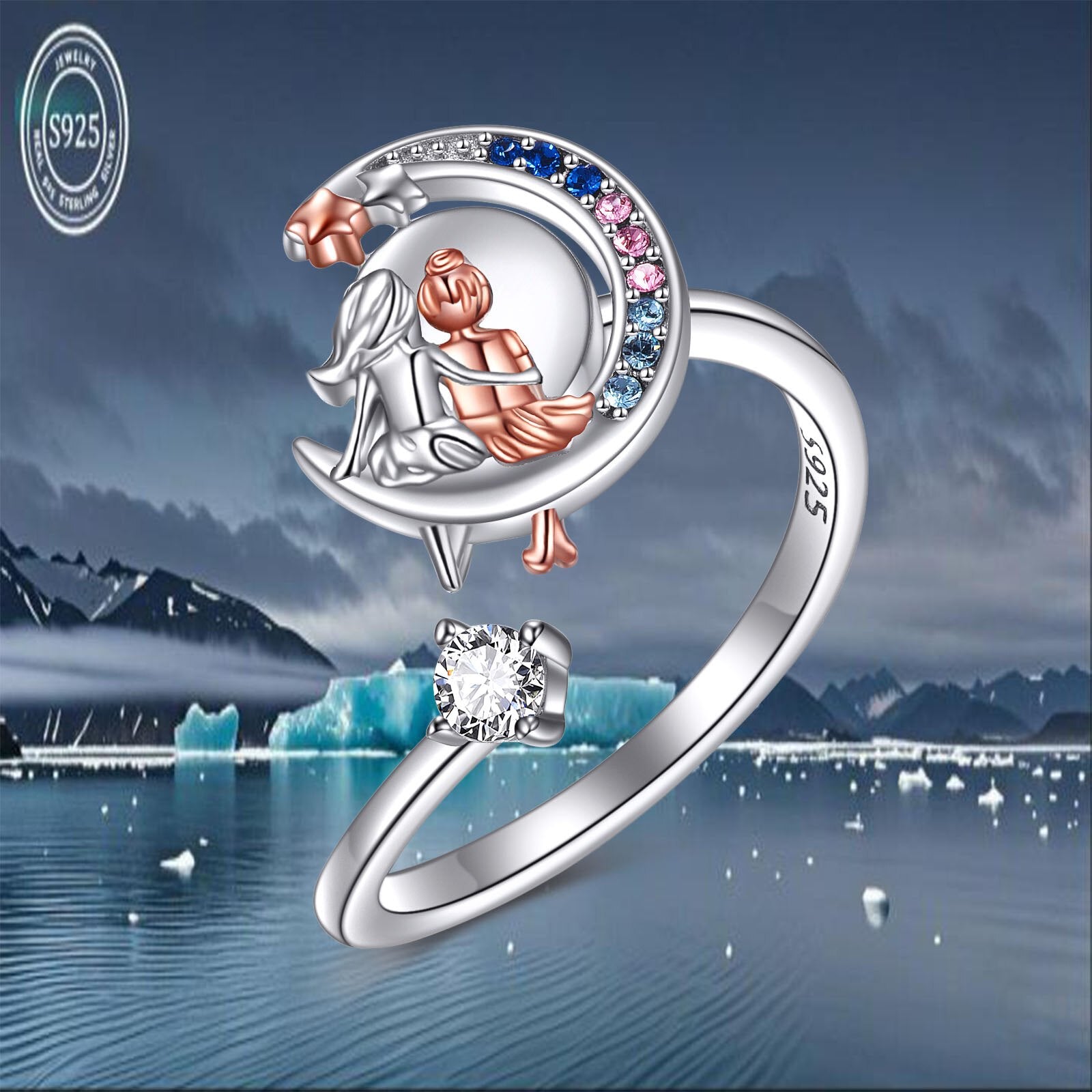 Moon Sisters Anxiety Fidget Ring 925 Sterling Silvery Open Ring Decompress Jewelry Gift for Women (Moon Sisters)