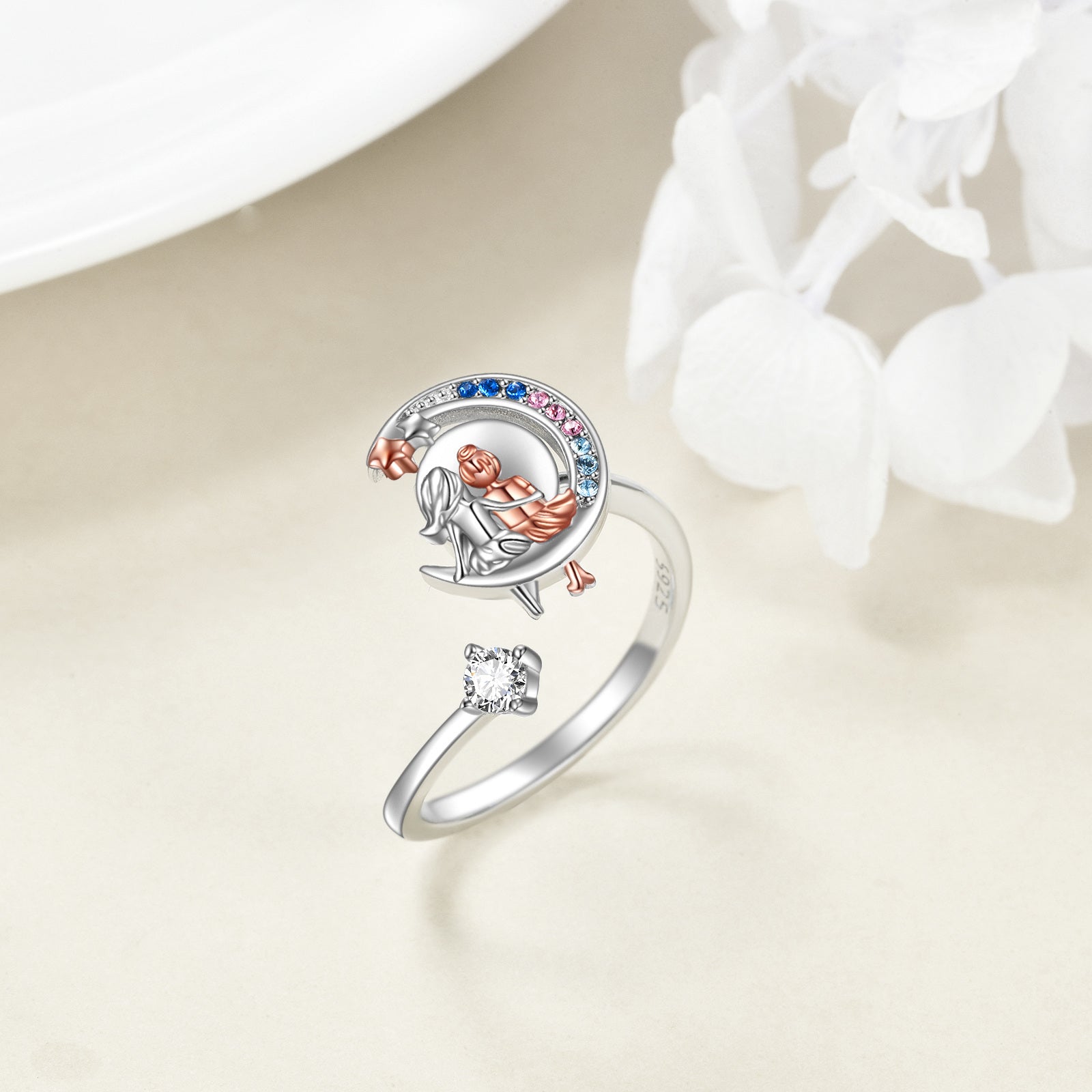 Moon Sisters Anxiety Fidget Ring 925 Sterling Silvery Open Ring Decompress Jewelry Gift for Women (Moon Sisters)