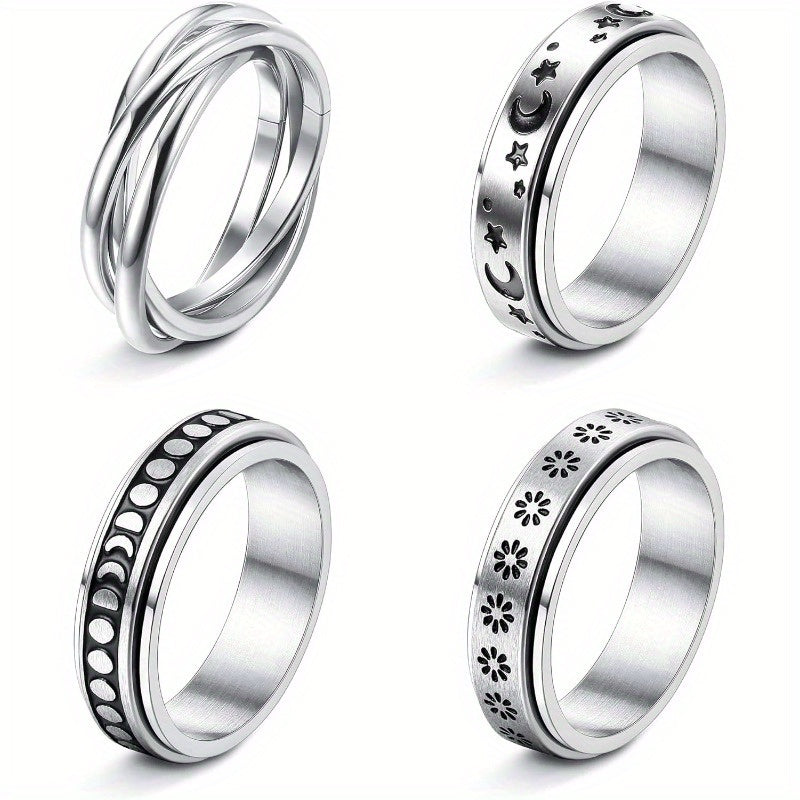 Stainless Steel Fidget Anxiety Ring for Women Men Fidget Spinner Rings Moon Star Celtic Stress Relieving Spinning Ring Wedding Band Rings Set46pcs