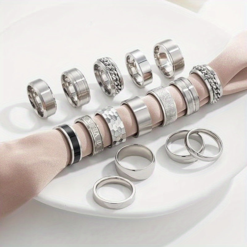 16pcs Rotatable Stainless Steel Ring Set - Fashionable And Simple, Suitable for Men And Women, Daily Matching And Festivals