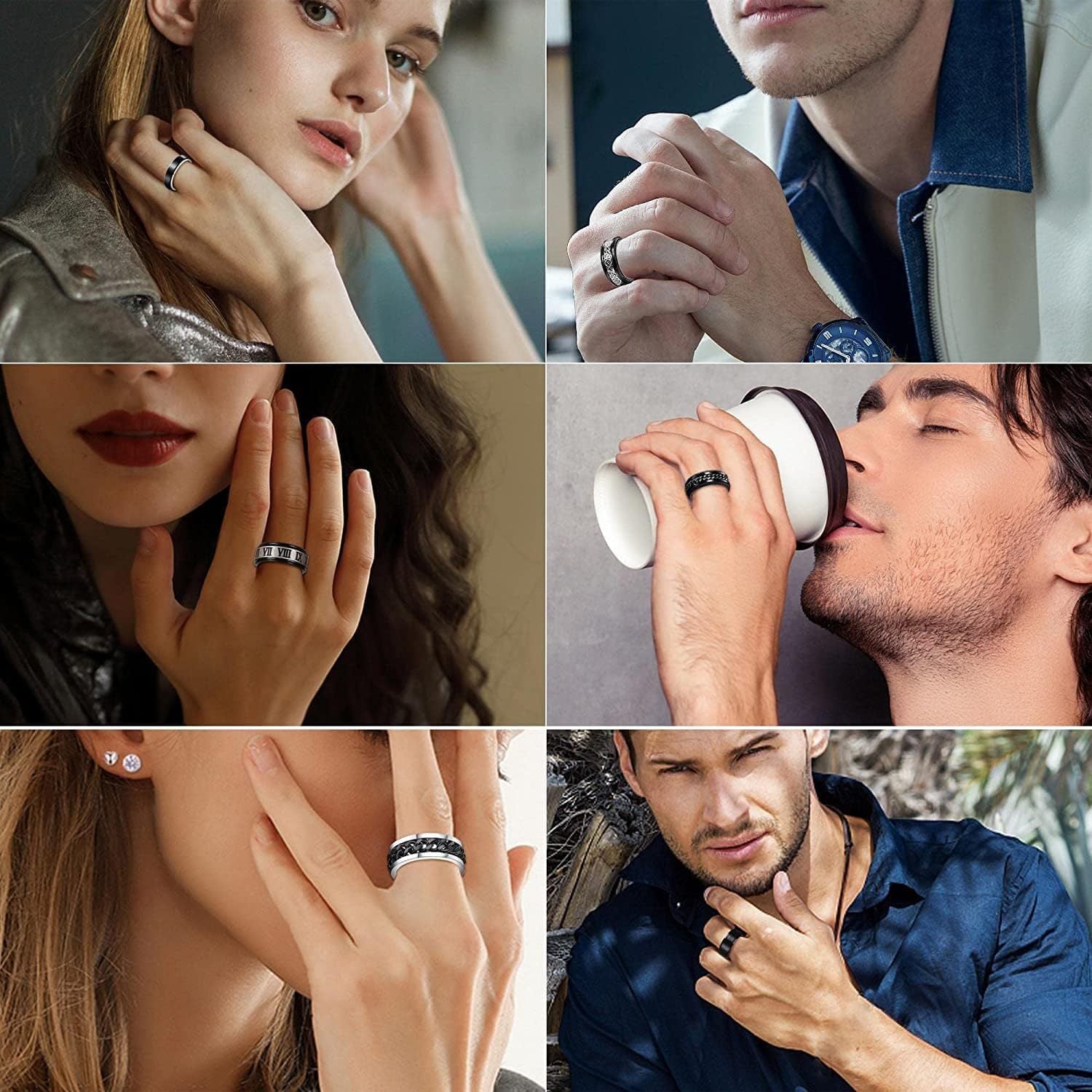 6pcs 316L Stainless Steel Band Rings for Men Women, Black Spinner Rings for Anxiety, Cool Plain Chain Inlaid Fidget Ring Set, Black Mens Wedding Promise Band Ring Pack