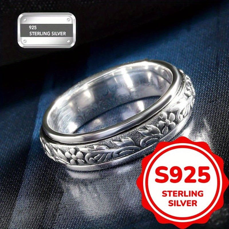[Vintage Anxiety Ring] 925 Sterling Silvery Wide Rings | Vintage Carve Leaf and Flower Rotatable Anxiety Ring Jewelry for Women Fashion