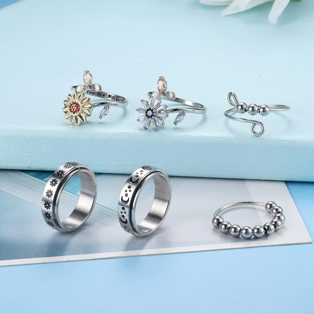 6pcs Fidget Rings for Spinner Ring for Women Mens Moon Star Anti Ring for Adjustable Flower Bead Stackable Rings