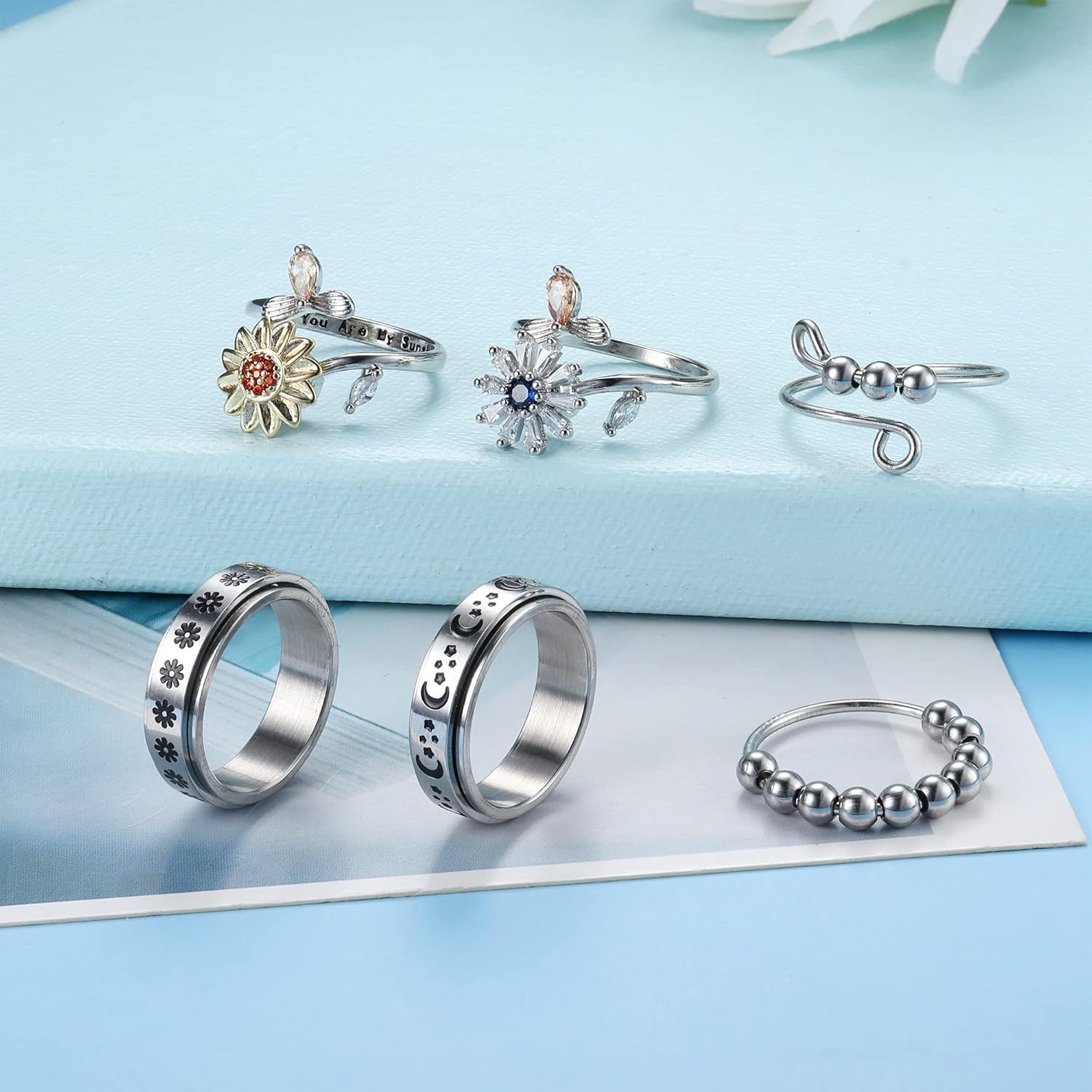 6pcs Fidget Rings for Spinner Ring for Women Mens Moon Star Anti Ring for Adjustable Flower Bead Stackable Rings