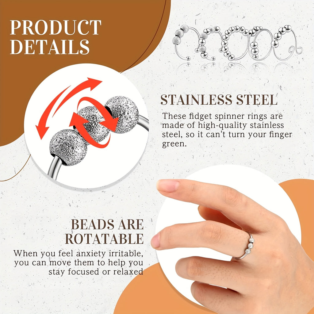 30pcs Anxiety Fidget Ring For Women Stainless Steel Adjustable Fidget Spinner Ring With Beads For Men Adults Stress Relief (Silvery)