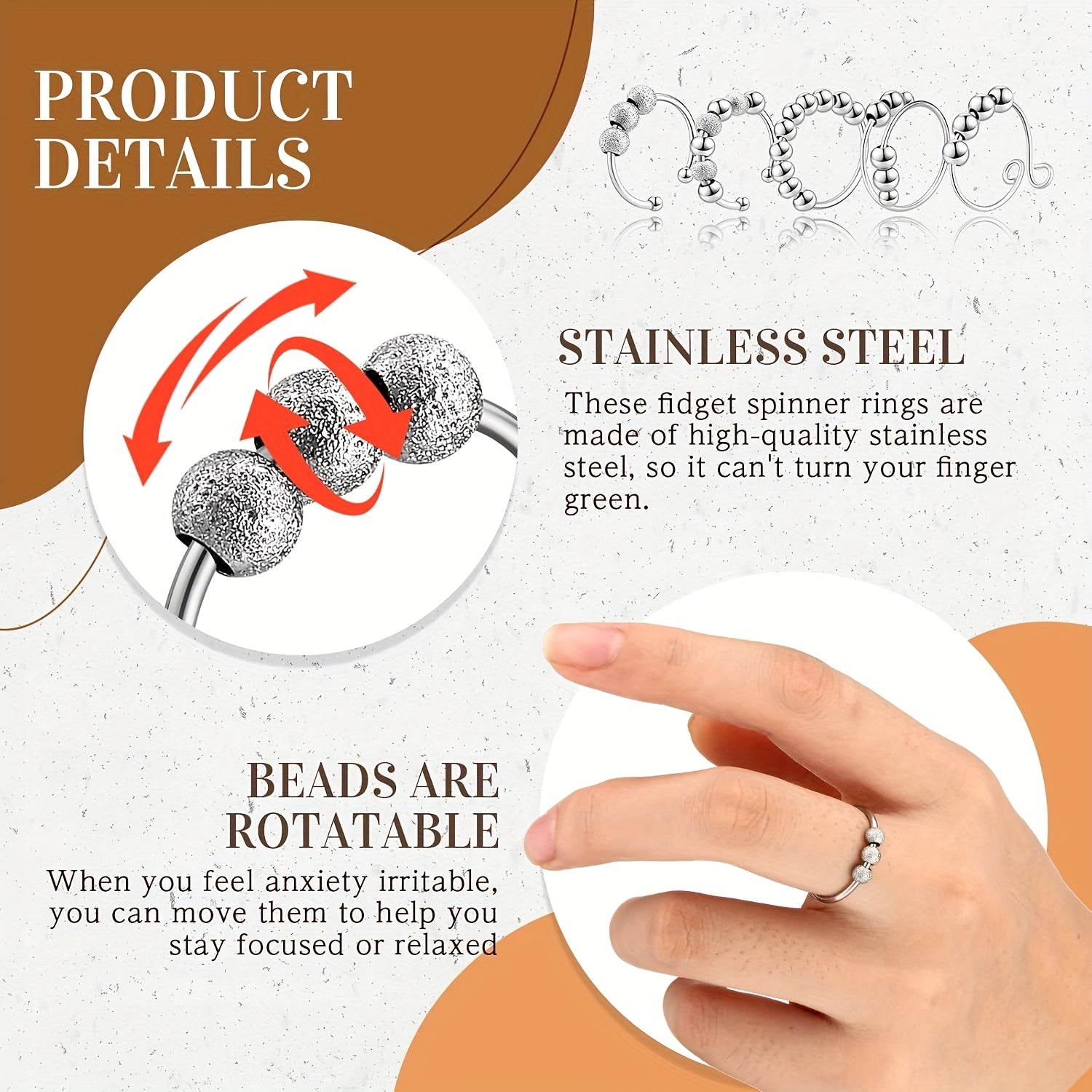 30pcs Anxiety Fidget Ring For Women Stainless Steel Adjustable Fidget Spinner Ring With Beads For Men Adults Stress Relief (Silvery)