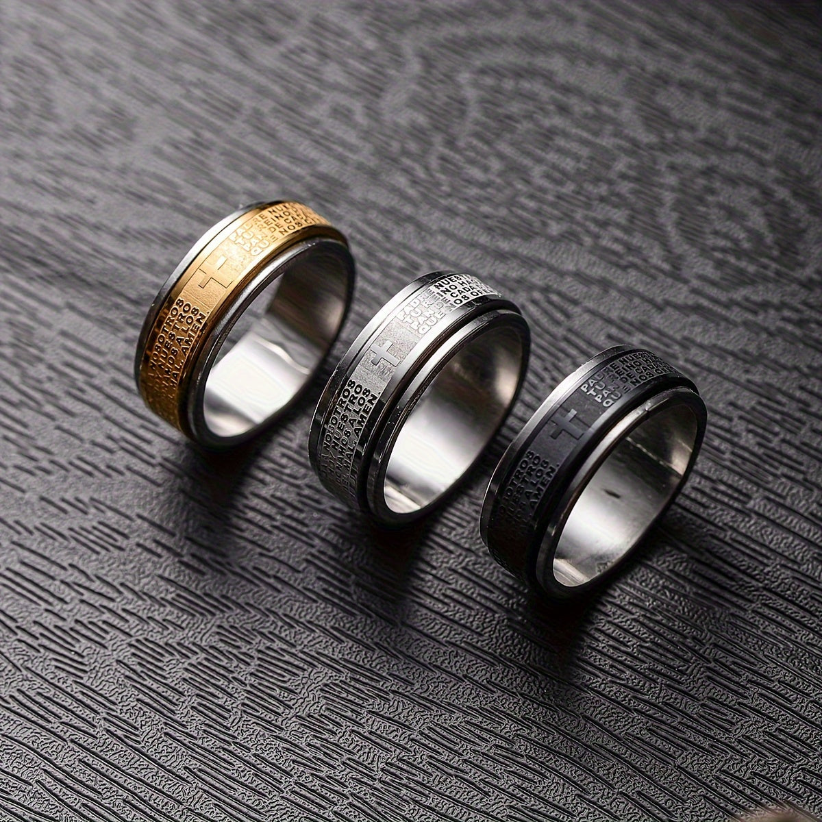 Wholesale Lots 30pcs Stainless Steel Relieving Anxiety Spinner Ring For Men And Women 8mm Spanish Bible Verse Christian Lord's Prayer Cross Ring, Cross Ring, Letter Cross Ring, Religious Jewelry Gift