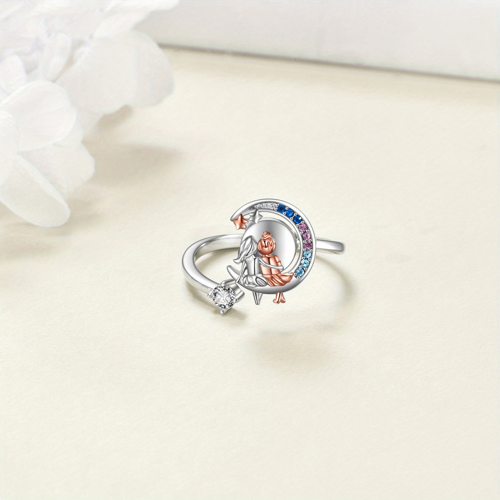 Moon Sisters Anxiety Fidget Ring 925 Sterling Silvery Open Ring Decompress Jewelry Gift for Women (Moon Sisters)
