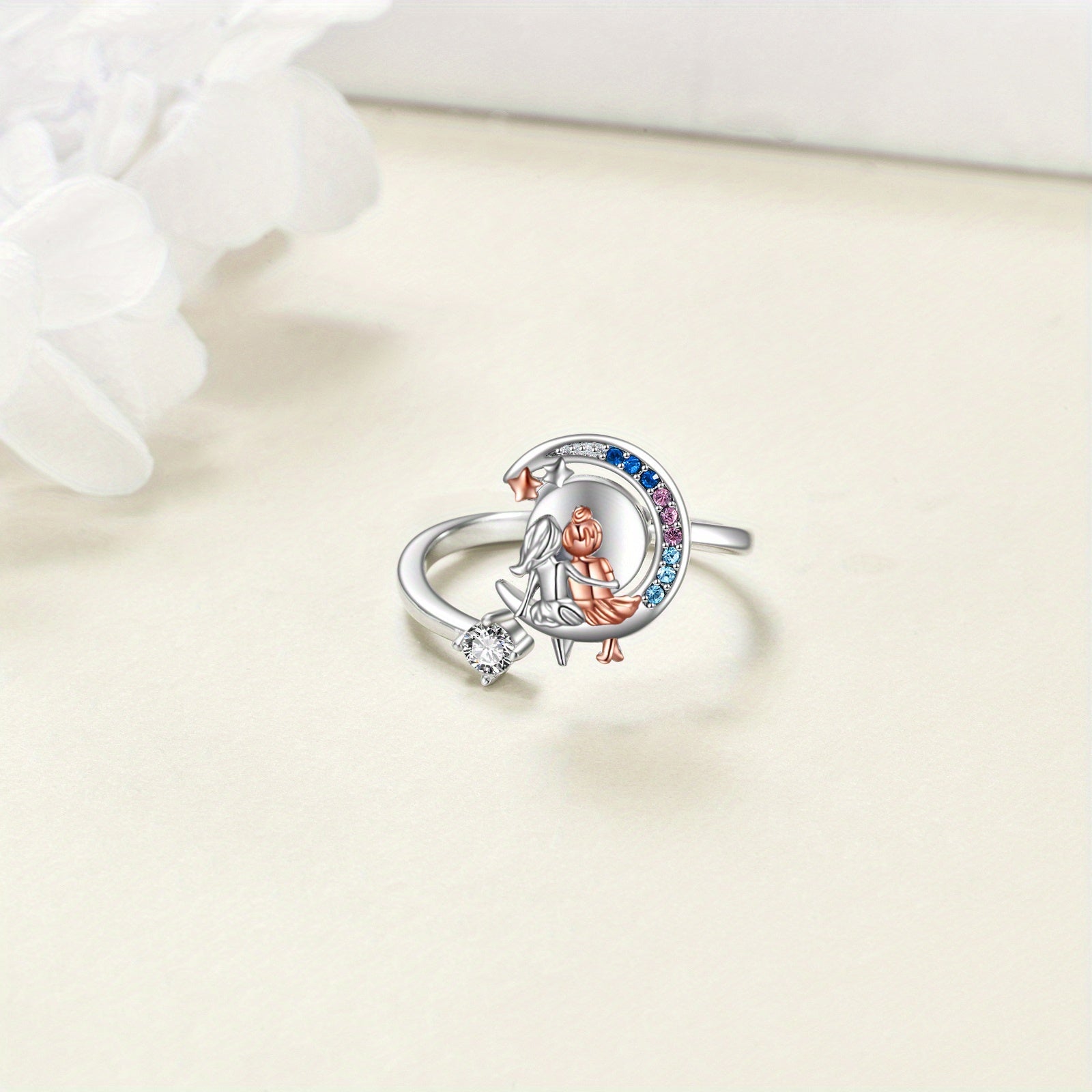 Moon Sisters Anxiety Fidget Ring 925 Sterling Silvery Open Ring Decompress Jewelry Gift for Women (Moon Sisters)