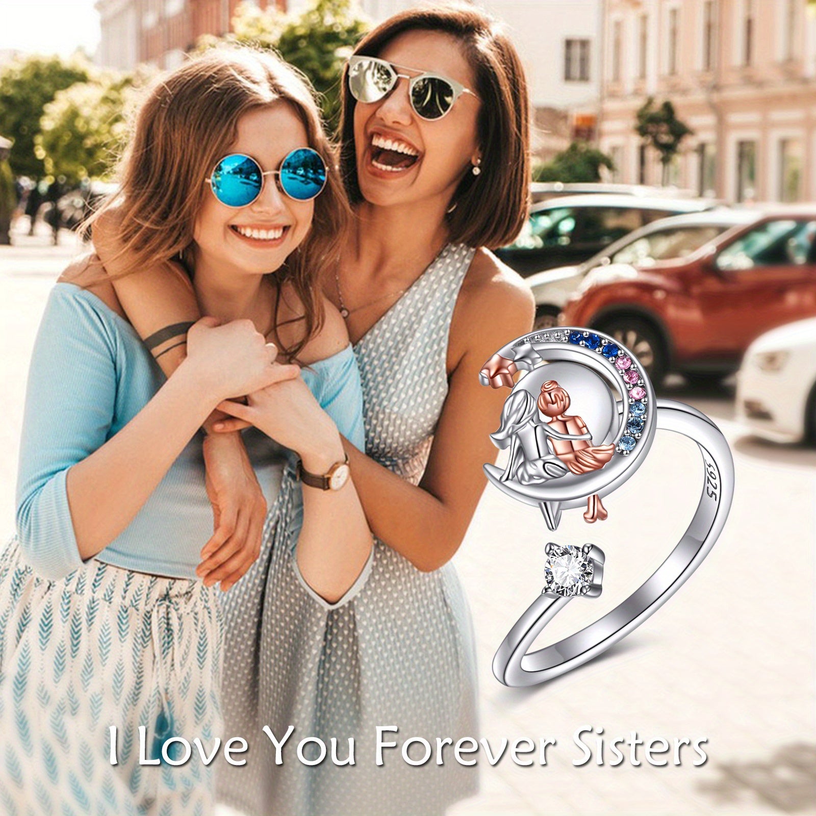 Moon Sisters Anxiety Fidget Ring 925 Sterling Silvery Open Ring Decompress Jewelry Gift for Women (Moon Sisters)
