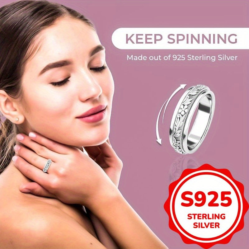 [Vintage Anxiety Ring] 925 Sterling Silvery Wide Rings | Vintage Carve Leaf and Flower Rotatable Anxiety Ring Jewelry for Women Fashion