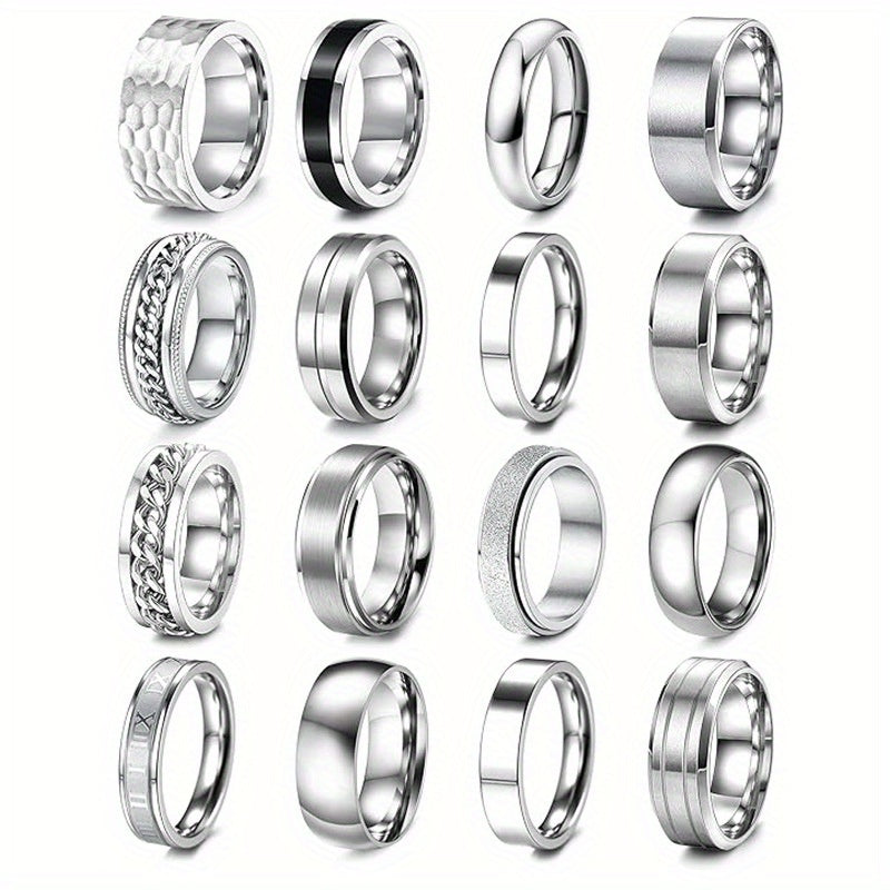 16pcs Rotatable Stainless Steel Ring Set - Fashionable And Simple, Suitable for Men And Women, Daily Matching And Festivals