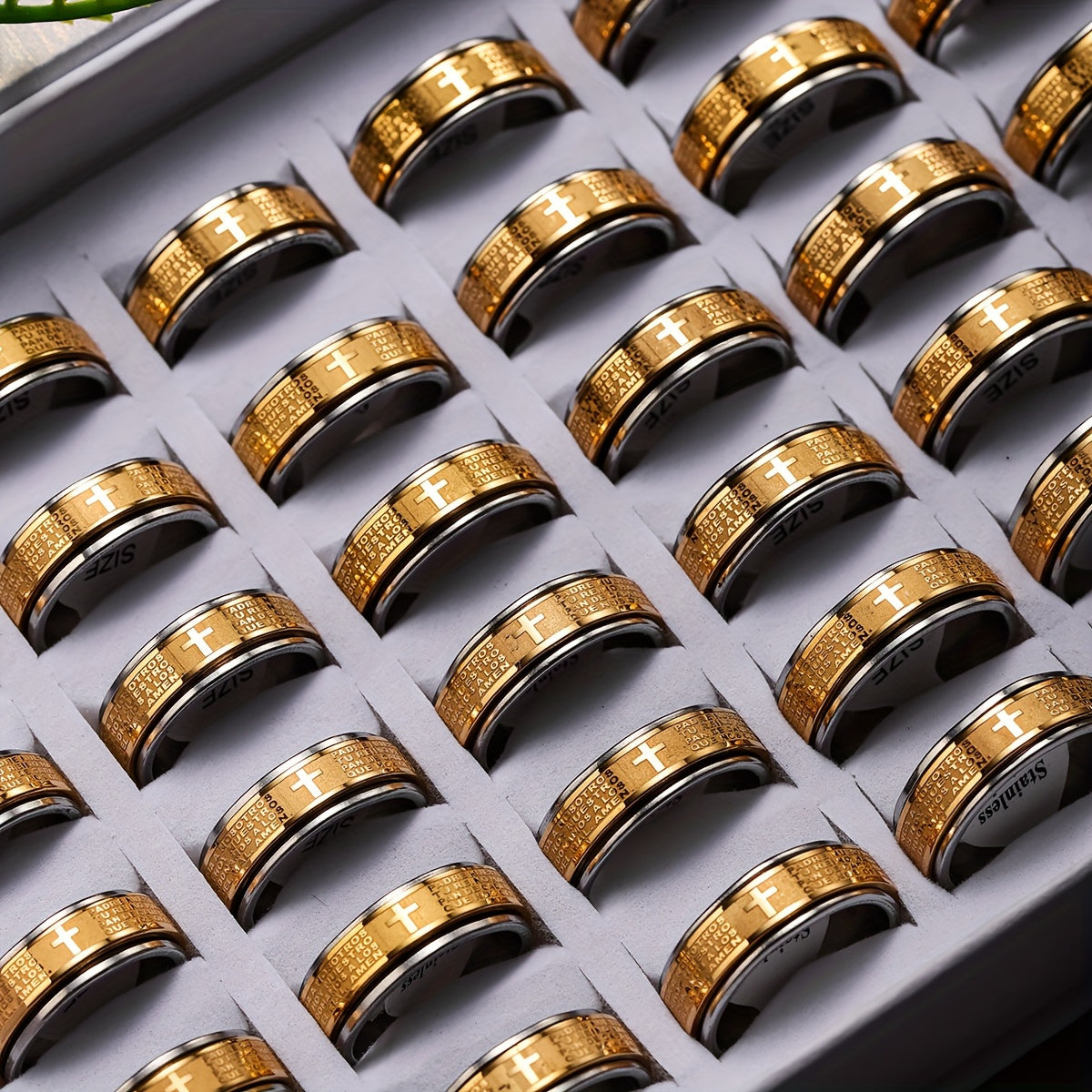 Wholesale Lots 30pcs Stainless Steel Relieving Anxiety Spinner Ring For Men And Women 8mm Spanish Bible Verse Christian Lord's Prayer Cross Ring, Cross Ring, Letter Cross Ring, Religious Jewelry Gift