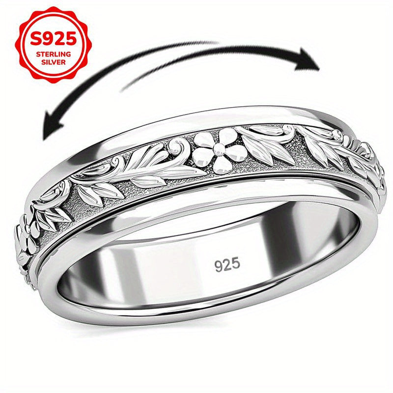 [Vintage Anxiety Ring] 925 Sterling Silvery Wide Rings | Vintage Carve Leaf and Flower Rotatable Anxiety Ring Jewelry for Women Fashion
