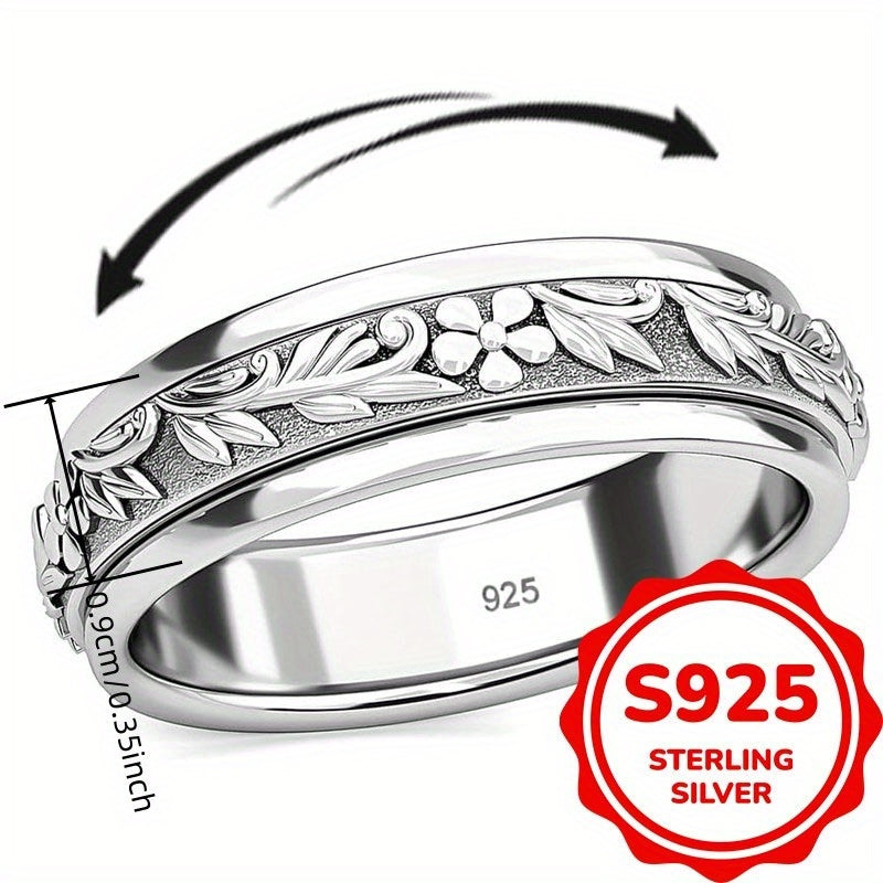 [Vintage Anxiety Ring] 925 Sterling Silvery Wide Rings | Vintage Carve Leaf and Flower Rotatable Anxiety Ring Jewelry for Women Fashion