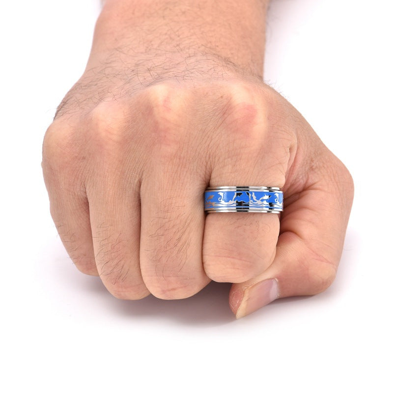 1pc Men's Titanium Steel Rotating Ring - Ocean Dolphin Design, Hypoallergenic Anxiety Relief Jewelry with Synthetic Synthetic Zirconia, Casual Sports Style for Casual Attire