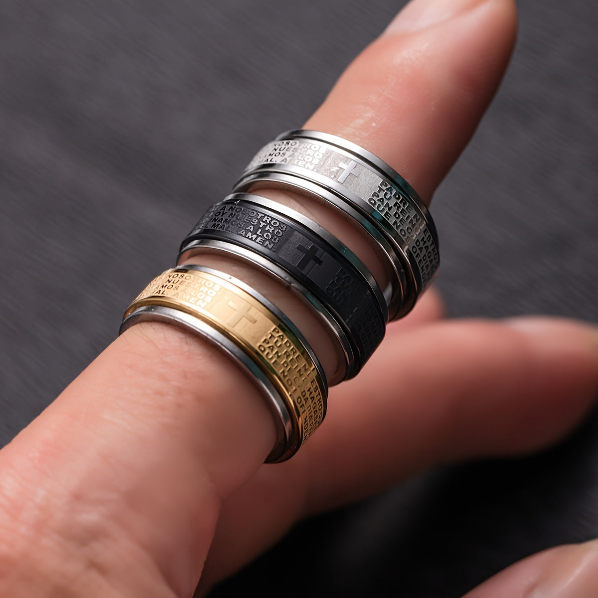 Wholesale Lots 30pcs Stainless Steel Relieving Anxiety Spinner Ring For Men And Women 8mm Spanish Bible Verse Christian Lord's Prayer Cross Ring, Cross Ring, Letter Cross Ring, Religious Jewelry Gift