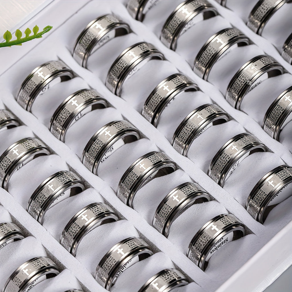 Wholesale Lots 30pcs Stainless Steel Relieving Anxiety Spinner Ring For Men And Women 8mm Spanish Bible Verse Christian Lord's Prayer Cross Ring, Cross Ring, Letter Cross Ring, Religious Jewelry Gift